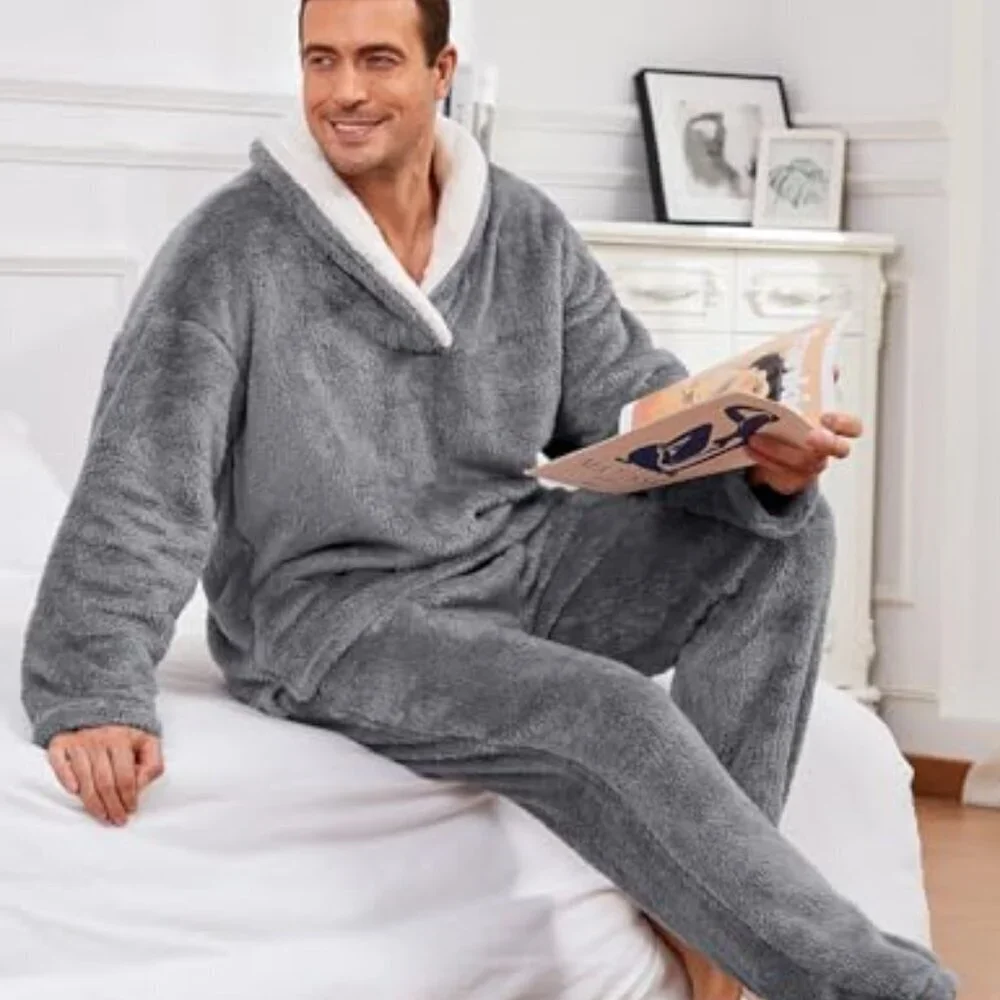 Men's Fluffy Fleece Pajama Set Soft Plush Winter Loungewear Sleepwear Classic